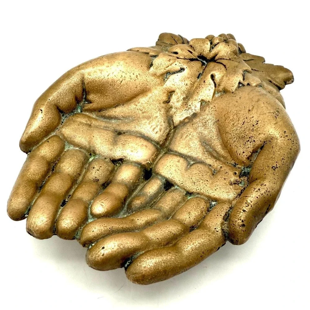 Bronzed Cast Iron Cupped Hands Dish w/ Grapes & Leaves 7